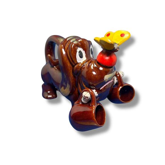 Vintage Ceramic Dog Teapot Planter Figurine Butterfly Nose Whimsical Japan - Picture 1 of 11